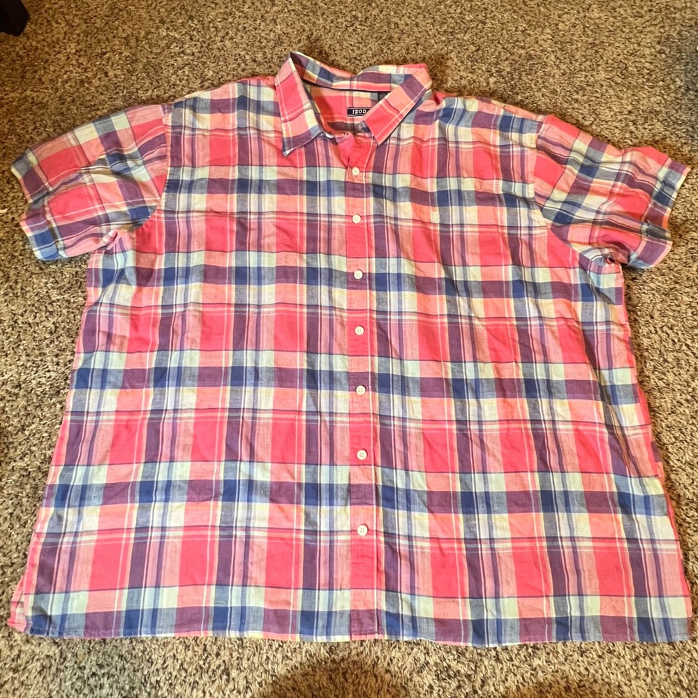 IZOD Mens 4XL Linen Blend Short Sleeve Plaid Button Down Shirt Pink Blue